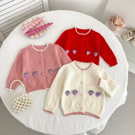 MyKids-USA® Baby Girls Comfortable Fruits Decorated Knitted Long Sleeves Argyle Jacquard Cardigan