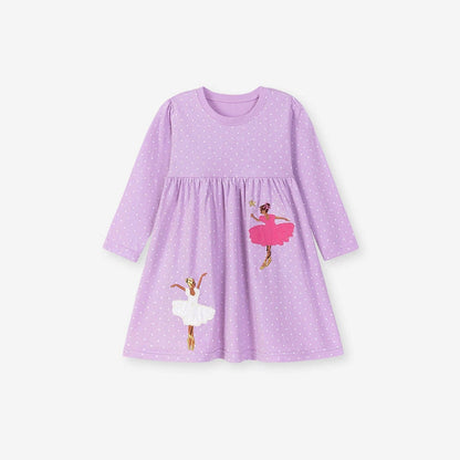 MyKids-USA® Purple Dancers Cartoon Pattern Long Sleeves Dress for Stylish Girls