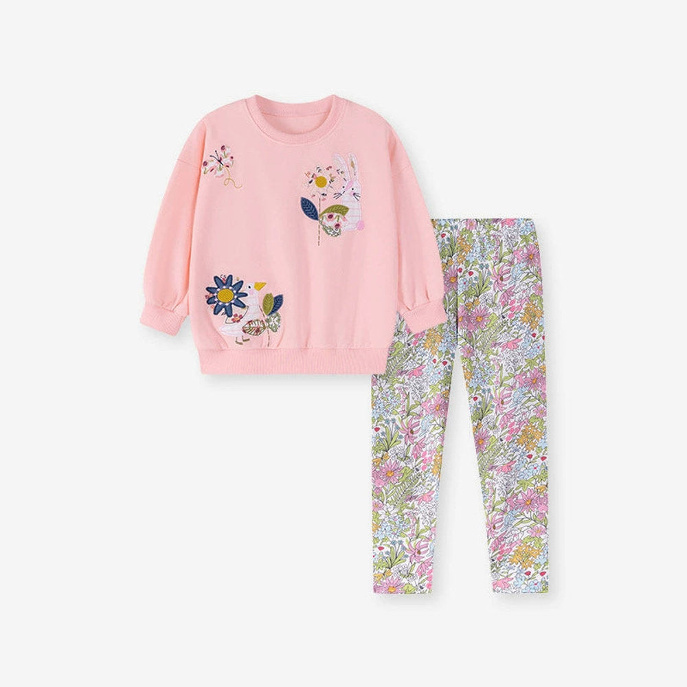MyKids-USA® Girls Flowers and Animals Cartoon Pattern Long Sleeves Sweatshirt and Floral Pants Clothing Set