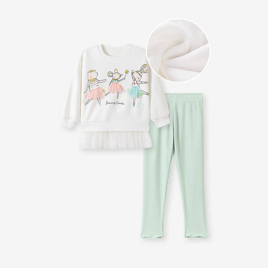 MyKids-USA® Girls Animals Cartoon Pattern Long Sleeves Tulle Decorated Sweatshirt and Plain Pants Clothing Set