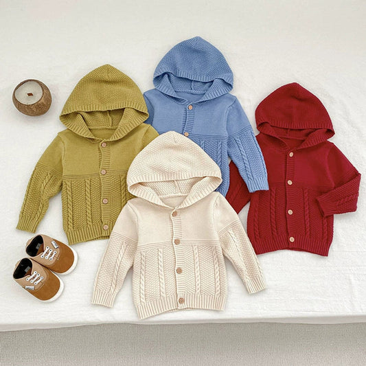 MyKids-USA® Baby Unisex Comfortable Solid Color Geometric Pattern Knitted Long Sleeves Cardigan with Hood