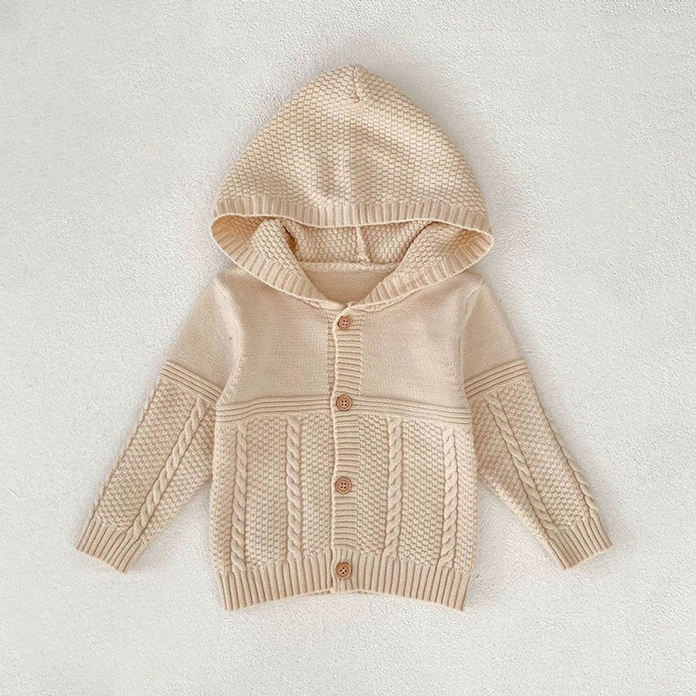 MyKids-USA® Baby Unisex Comfortable Solid Color Geometric Pattern Knitted Long Sleeves Cardigan with Hood