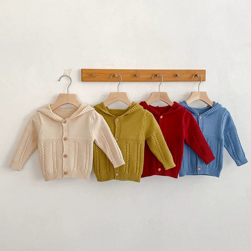 MyKids-USA® Baby Unisex Comfortable Solid Color Geometric Pattern Knitted Long Sleeves Cardigan with Hood