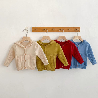 MyKids-USA® Baby Unisex Comfortable Solid Color Geometric Pattern Knitted Long Sleeves Cardigan with Hood