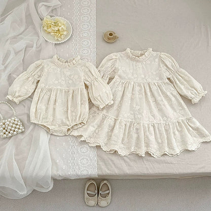 MyKids-USA® Baby Girls French Style Flowers Pattern Long-sleeved bodysuit and Dress – Princess Sister Matching Set