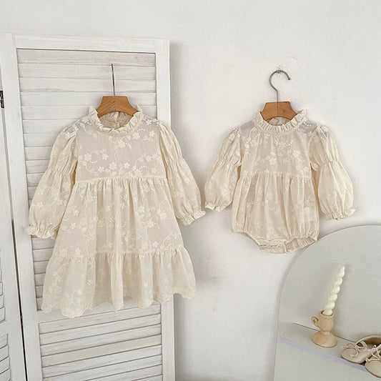 MyKids-USA® Baby Girls French Style Flowers Pattern Long-sleeved bodysuit and Dress – Princess Sister Matching Set