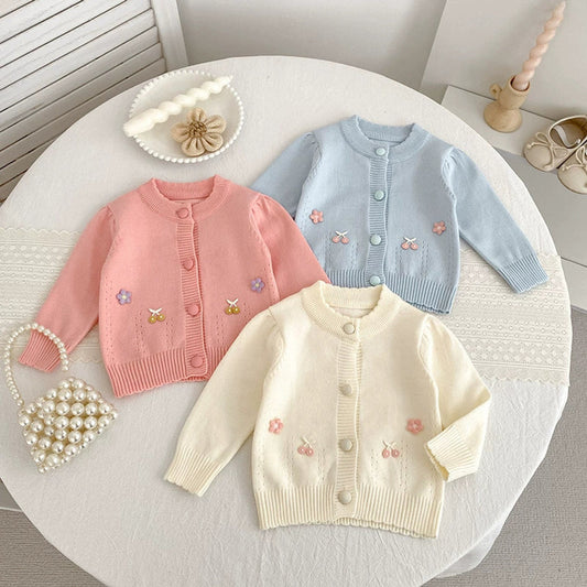 MyKids-USA® Baby Girls Comfortable Flowers and Fruits Decorated Knitted Long Sleeves Cardigan