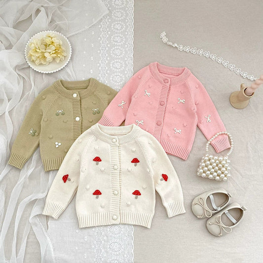 MyKids-USA® Baby Girls Comfortable Mushroom or Butterfly-bows Decorated Knitted Long Sleeves Cardigan