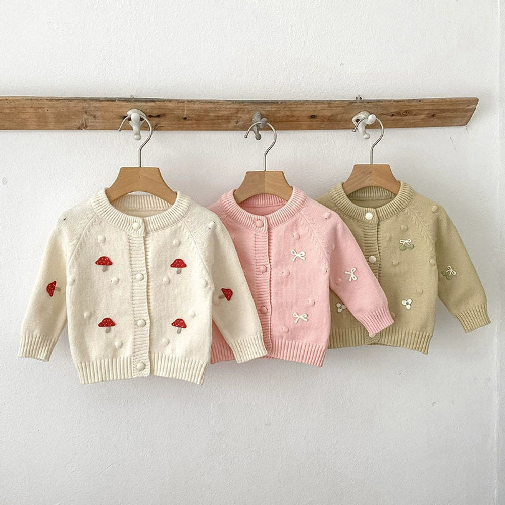 MyKids-USA® Baby Girls Comfortable Mushroom or Butterfly-bows Decorated Knitted Long Sleeves Cardigan