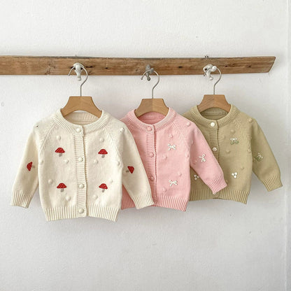 MyKids-USA® Baby Girls Comfortable Mushroom or Butterfly-bows Decorated Knitted Long Sleeves Cardigan