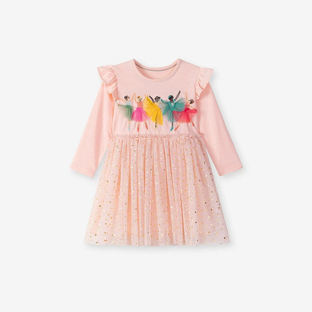 MyKids-USA® Princess Cartoon Pattern Long Sleeves Tulle Patchwork Dress for Stylish Girls