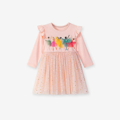 MyKids-USA® Princess Cartoon Pattern Long Sleeves Tulle Patchwork Dress for Stylish Girls
