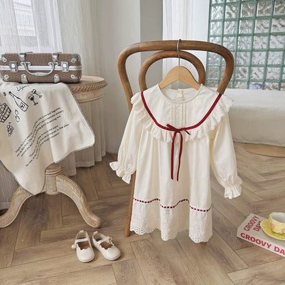 MyKids-USA® Girls Flowers Embroidery Pattern Long Sleeves Lace Trim Dress