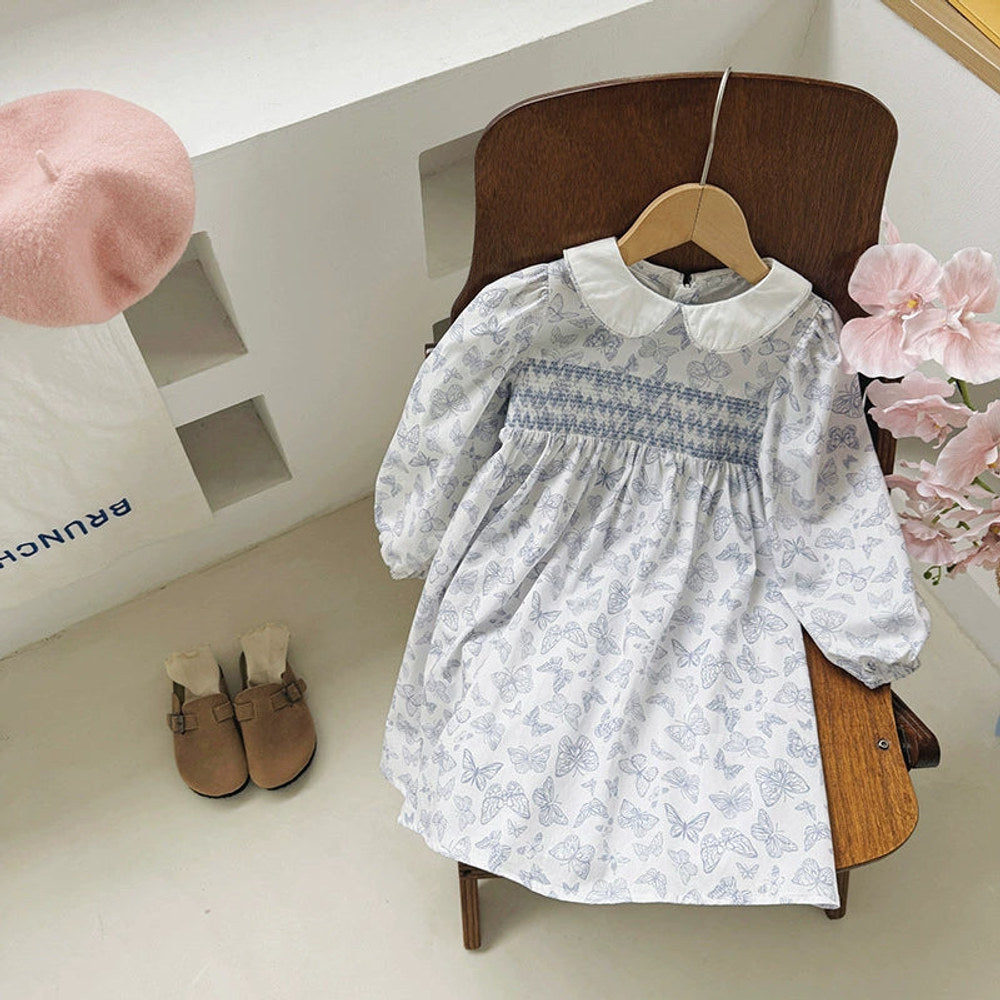 MyKids-USA® Girls Butterfly Pattern Long Sleeves Dress with Collar