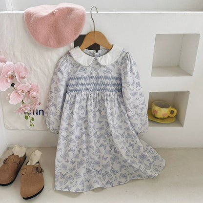 MyKids-USA® Girls Butterfly Pattern Long Sleeves Dress with Collar