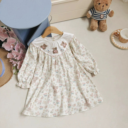MyKids-USA® Arrival Autumn Girls Flowers and Teddy Bears Pattern Long Sleeves Dress
