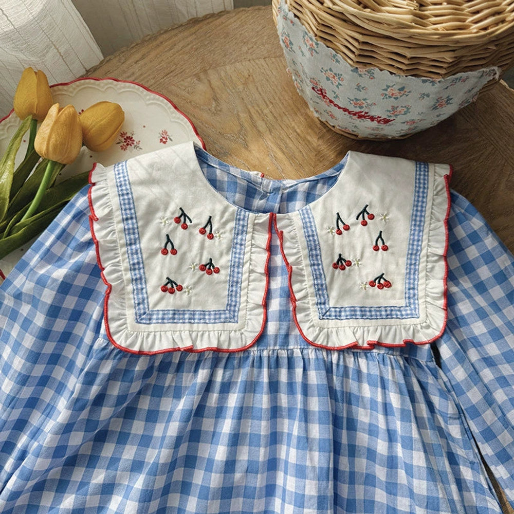 MyKids-USA® Girls Plaid and Cherry Pattern Long Sleeves Dress
