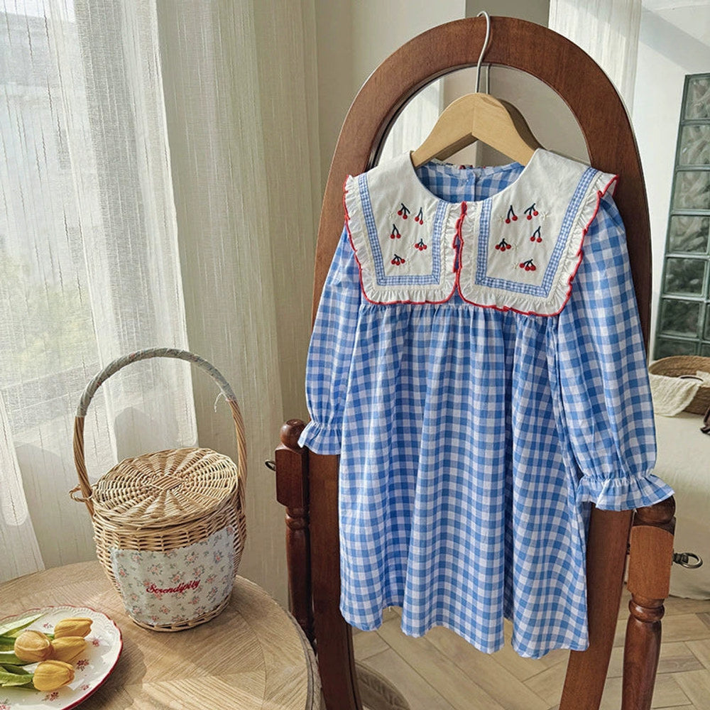 MyKids-USA® Girls Plaid and Cherry Pattern Long Sleeves Dress