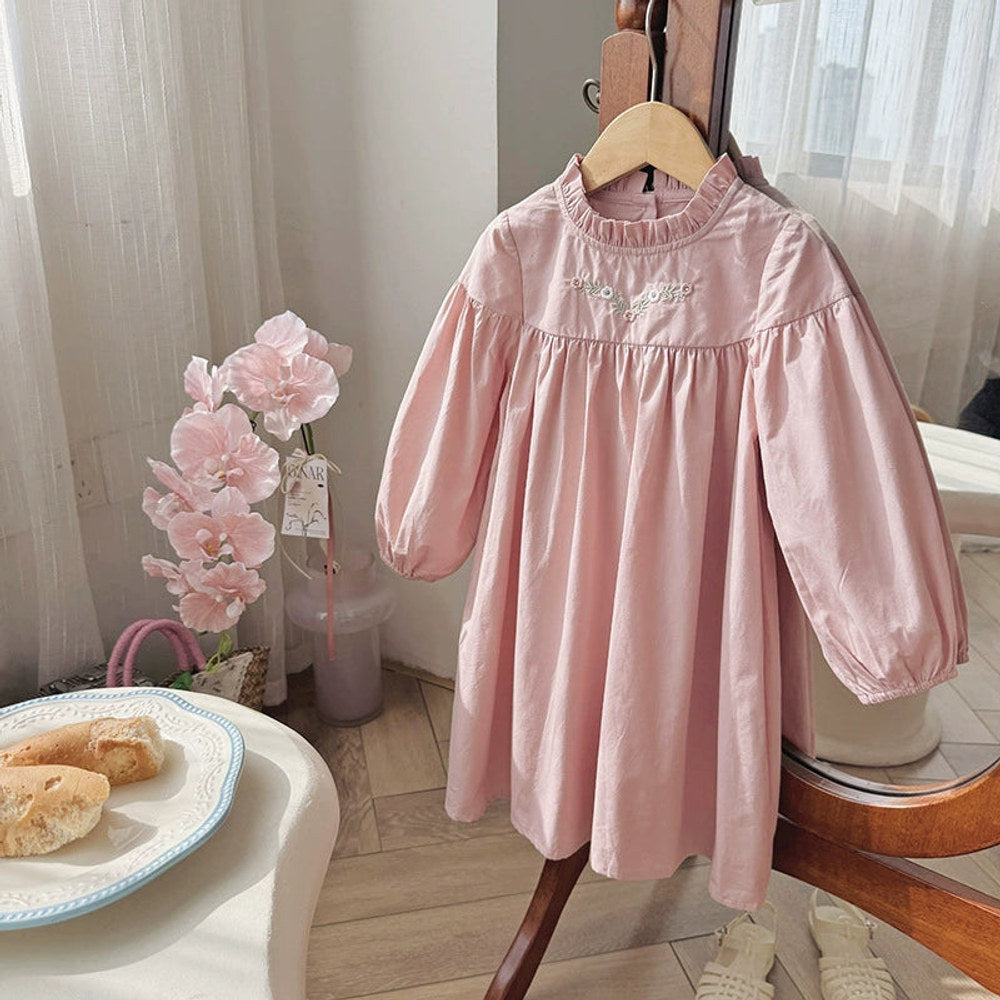 MyKids-USA® Girls Flowers Embroidery Pattern Long Sleeves Ruffle Neck Dress