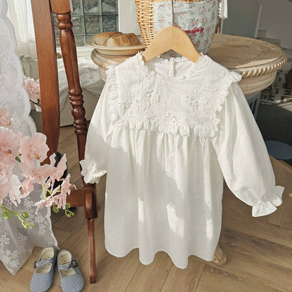 MyKids-USA® Girls Solid Color Flowers Embroidery Pattern Long Sleeves Ruffle Neck Dress