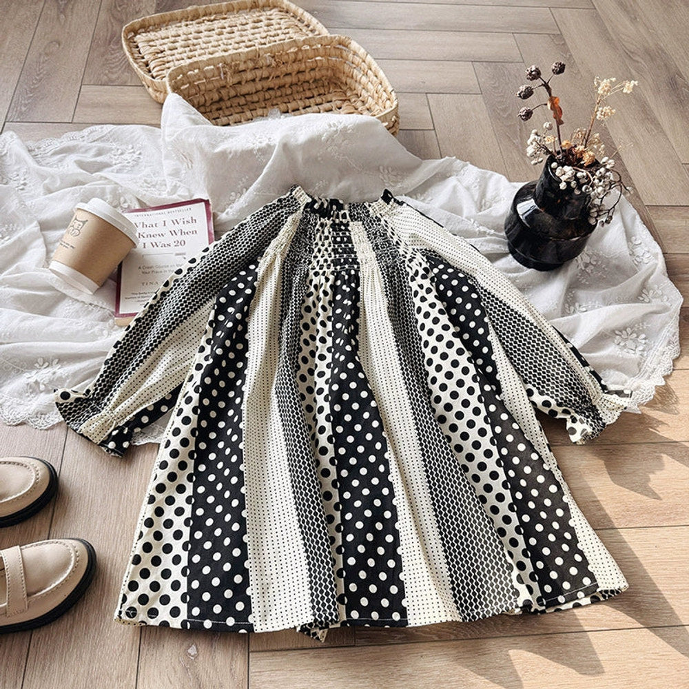 MyKids-USA® Girls Dots and Striped Pattern Long Sleeves Dress