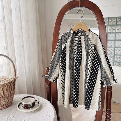 MyKids-USA® Girls Dots and Striped Pattern Long Sleeves Dress
