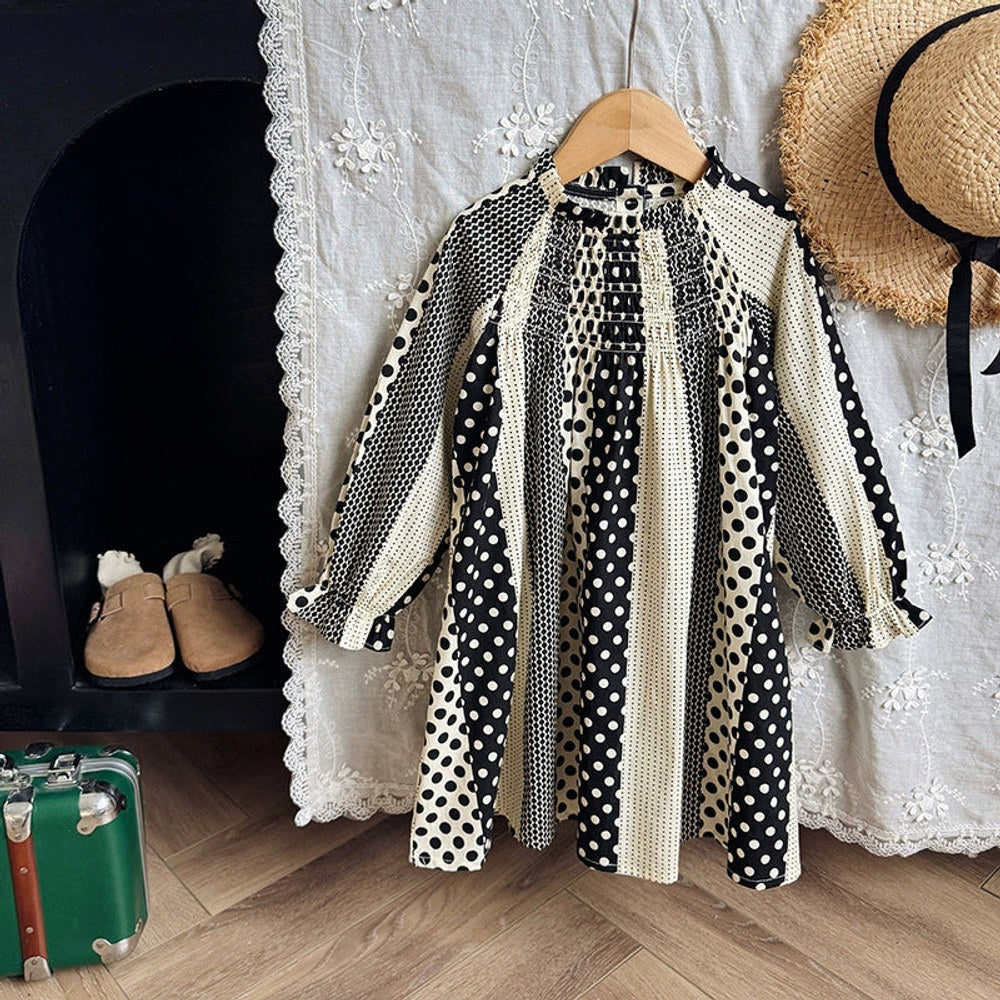 MyKids-USA® Girls Dots and Striped Pattern Long Sleeves Dress