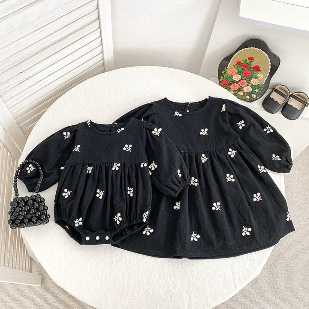 MyKids-USA® Baby Girls Floral Embroidery Pattern Long-sleeved bodysuit and Dress – Princess Sister Matching Set
