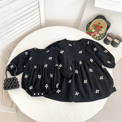 MyKids-USA® Baby Girls Floral Embroidery Pattern Long-sleeved bodysuit and Dress – Princess Sister Matching Set