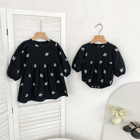 MyKids-USA® Baby Girls Floral Embroidery Pattern Long-sleeved bodysuit and Dress – Princess Sister Matching Set