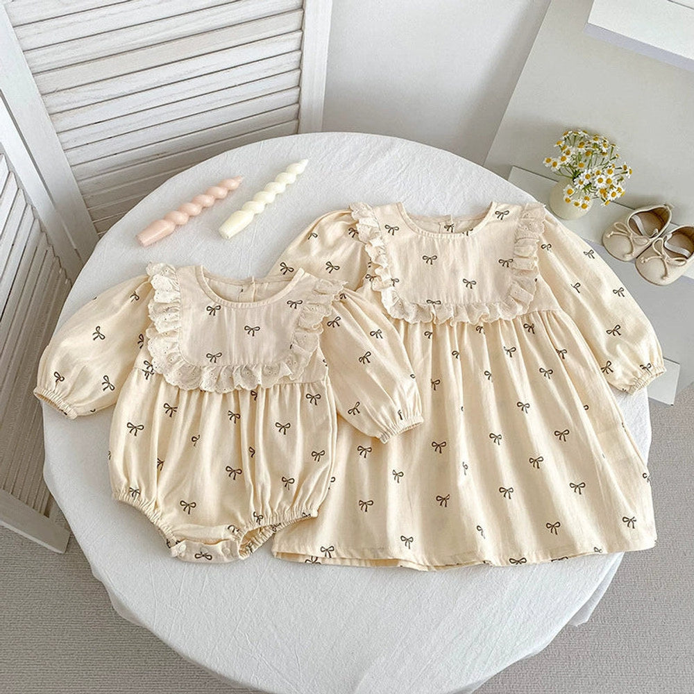 MyKids-USA® Baby Girls Butterfly-bow Pattern Long-sleeved bodysuit and Dress – Princess Sister Matching Set