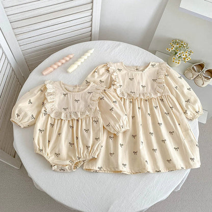 MyKids-USA® Baby Girls Butterfly-bow Pattern Long-sleeved bodysuit and Dress – Princess Sister Matching Set