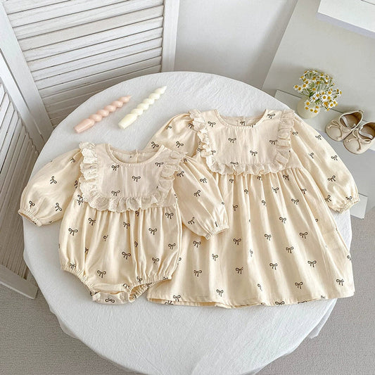 MyKids-USA® Baby Girls Butterfly-bow Pattern Long-sleeved bodysuit and Dress – Princess Sister Matching Set