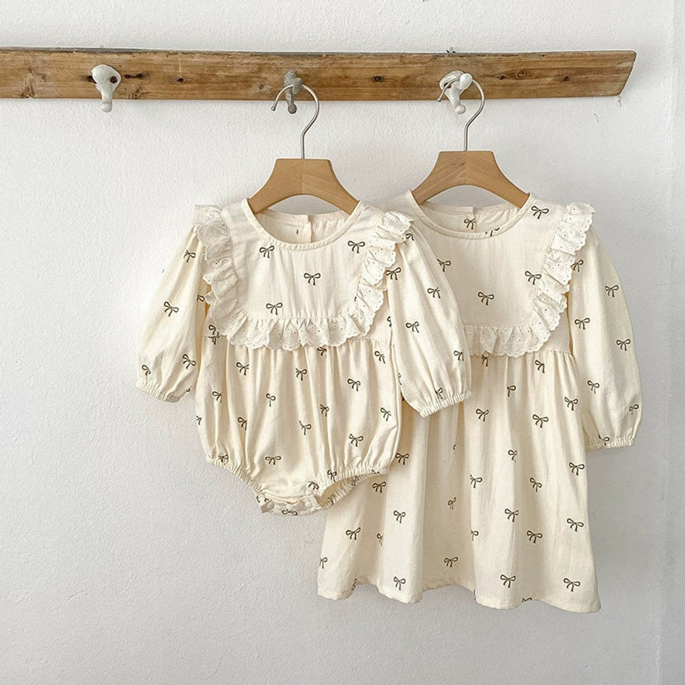 MyKids-USA® Baby Girls Butterfly-bow Pattern Long-sleeved bodysuit and Dress – Princess Sister Matching Set