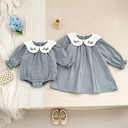 MyKids-USA® Baby Girls Flowers Embroidered Pattern Long-sleeved bodysuit and Dress – Princess Sister Matching Set