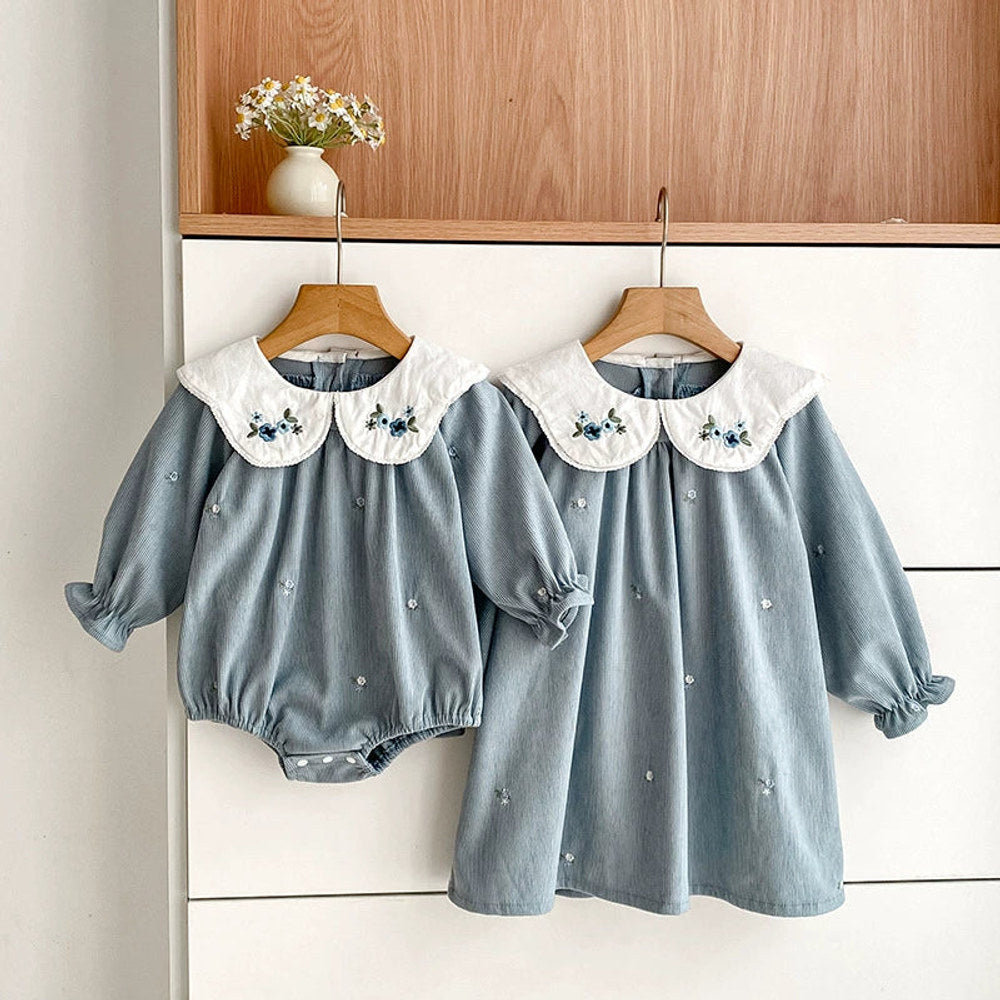 MyKids-USA® Baby Girls Flowers Embroidered Pattern Long-sleeved bodysuit and Dress – Princess Sister Matching Set