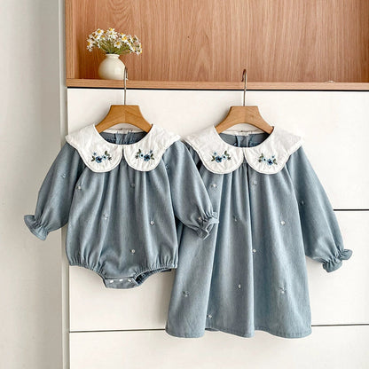 MyKids-USA® Baby Girls Flowers Embroidered Pattern Long-sleeved bodysuit and Dress – Princess Sister Matching Set