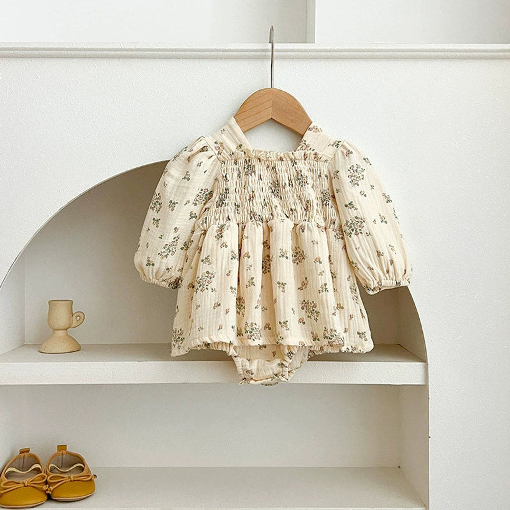 MyKids-USA® Baby Girls Flowers Pattern Long-sleeved Square Neck bodysuit and Dress – Princess Sister Matching Set