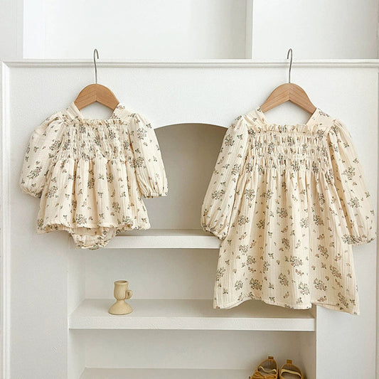 MyKids-USA® Baby Girls Flowers Pattern Long-sleeved Square Neck bodysuit and Dress – Princess Sister Matching Set