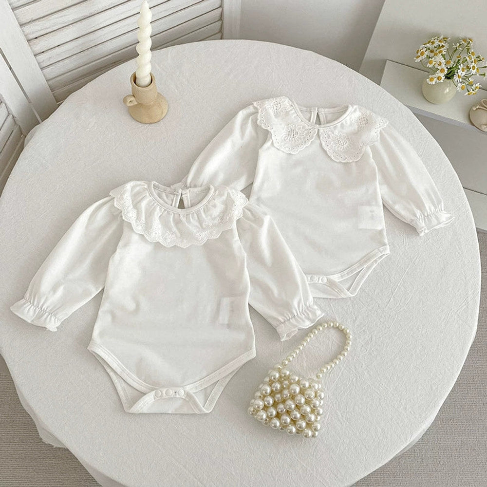 MyKids-USA® Baby Unisex Casual Thin White Long Sleeves bodysuit with Flowers Pattern Collar