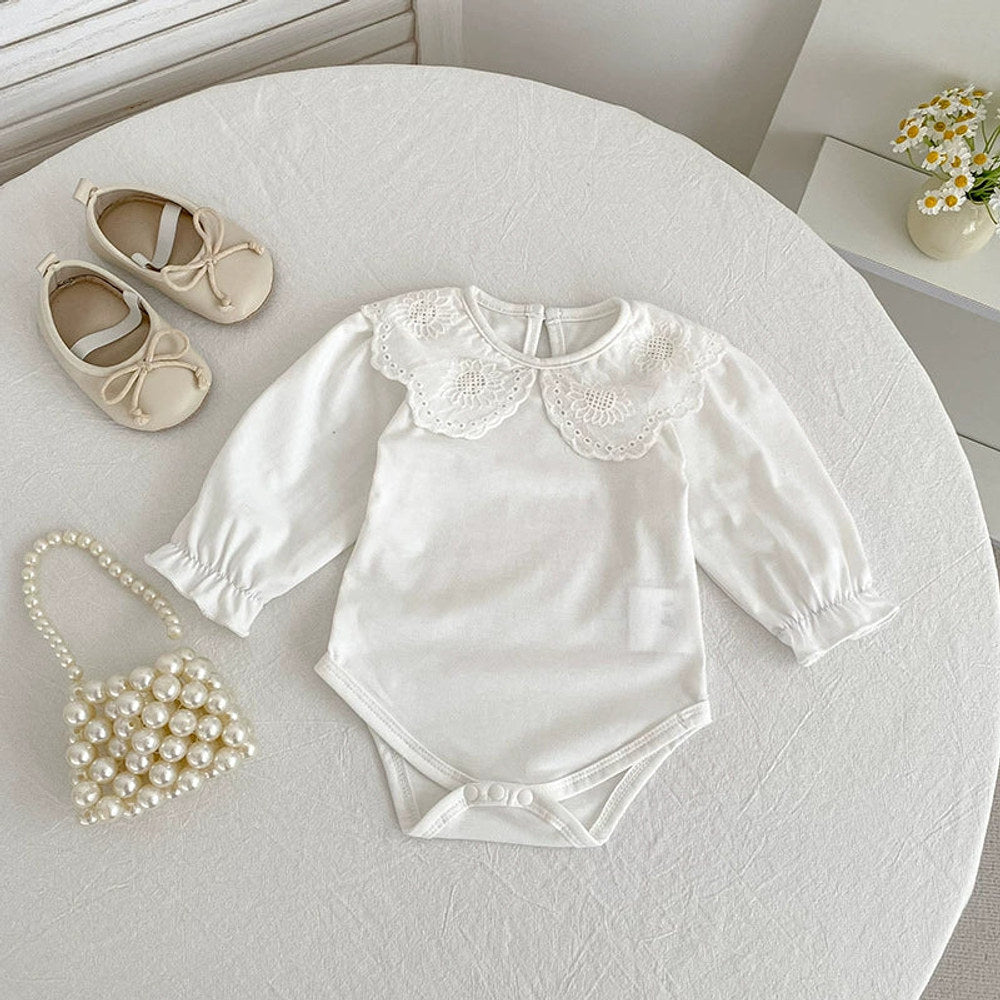 MyKids-USA® Baby Unisex Casual Thin White Long Sleeves bodysuit with Flowers Pattern Collar
