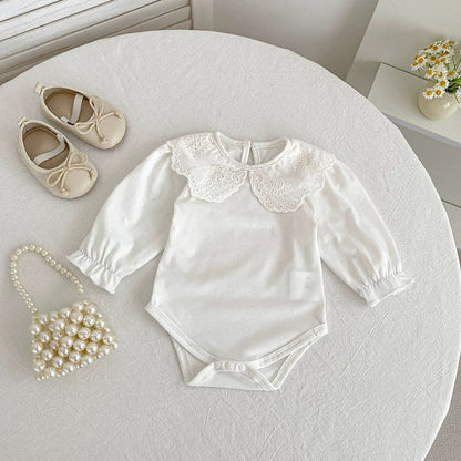 MyKids-USA® Baby Unisex Casual Thin White Long Sleeves bodysuit with Flowers Pattern Collar