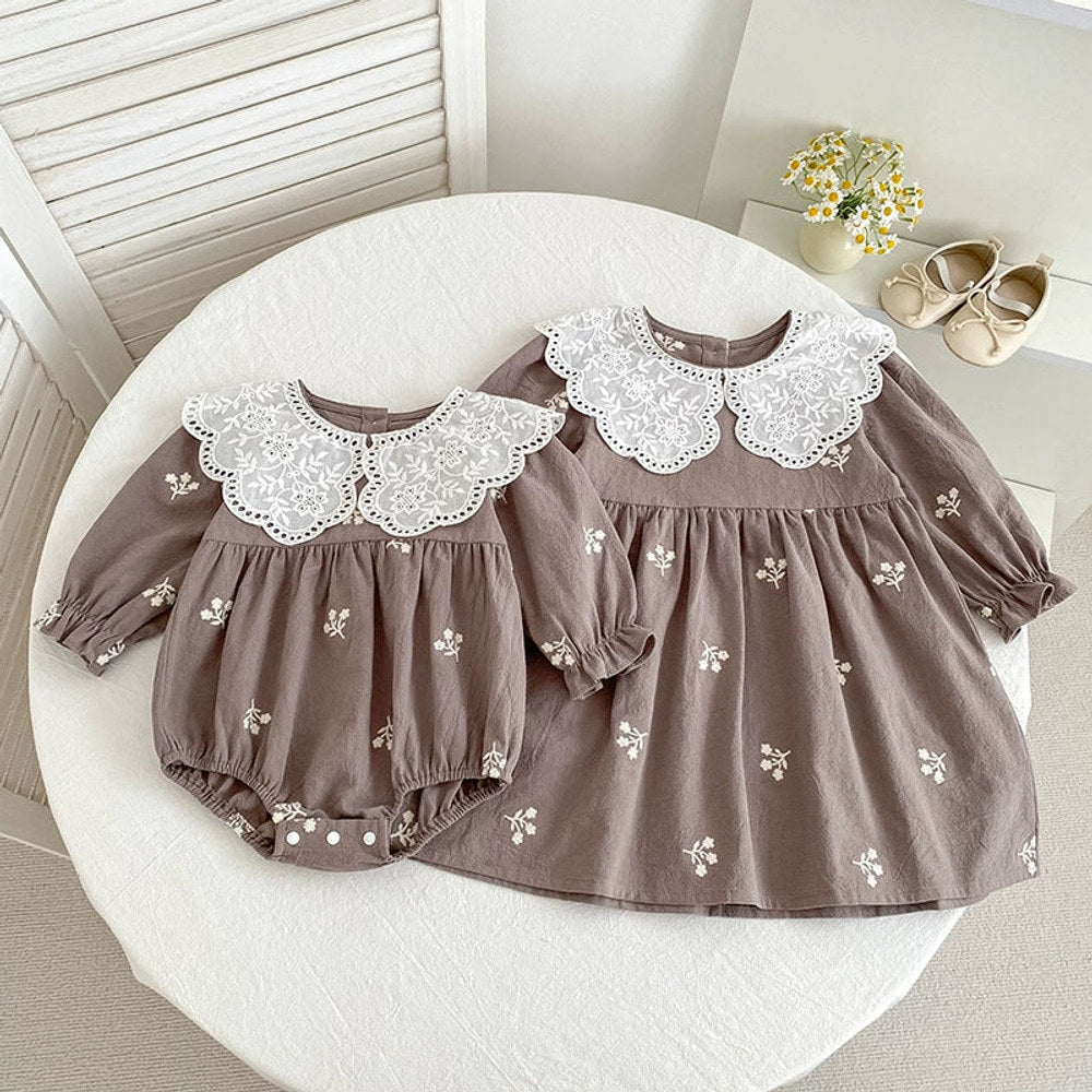 MyKids-USA® Baby Girls Floral Embroidery Pattern Long-sleeved bodysuit and Dress – Princess Sister Matching Set