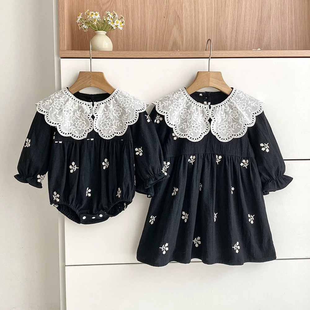 MyKids-USA® Baby Girls Floral Embroidery Pattern Long-sleeved bodysuit and Dress – Princess Sister Matching Set