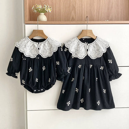 MyKids-USA® Baby Girls Floral Embroidery Pattern Long-sleeved bodysuit and Dress – Princess Sister Matching Set