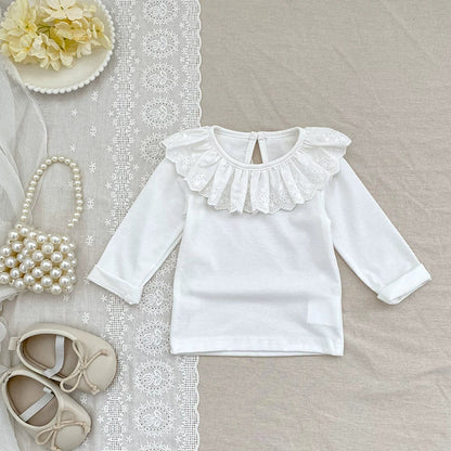 MyKids-USA® Autumn Arrival Baby Unisex Casual Thin White Long Sleeves Top with Flowers Pattern Collar
