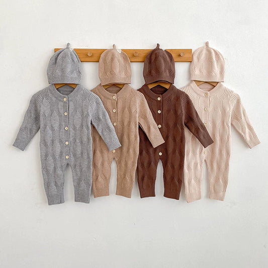 MyKids-USA® Autumn and Spring Arrival Unisex Baby’s Solid Color Geometric Pattern Knitted Rompers