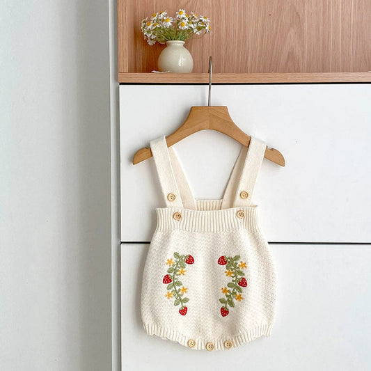 MyKids-USA® Baby Girls Knitted Flowers and Strawberry Embroidered Pattern Strap bodysuit
