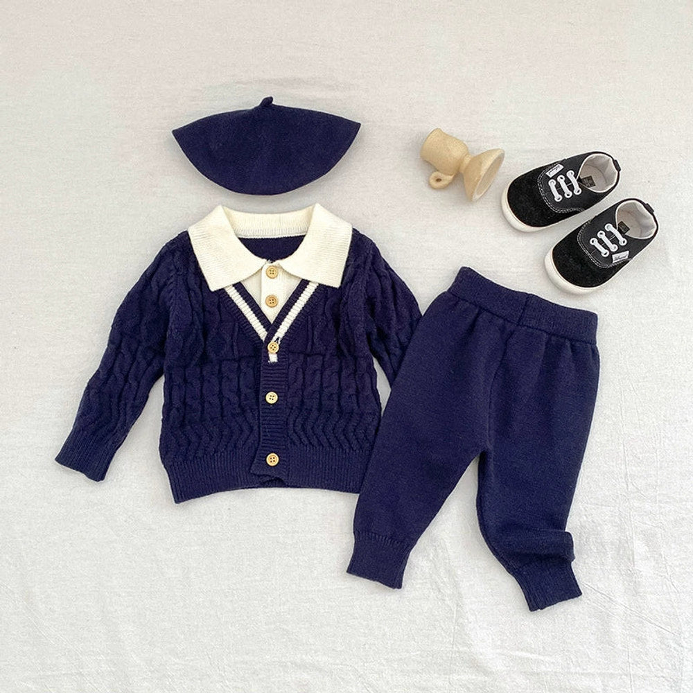 MyKids-USA® Baby Unisex Long Sleeves Geometric Pattern Knitted Top Cardigan and Long Trousers Clothing Set