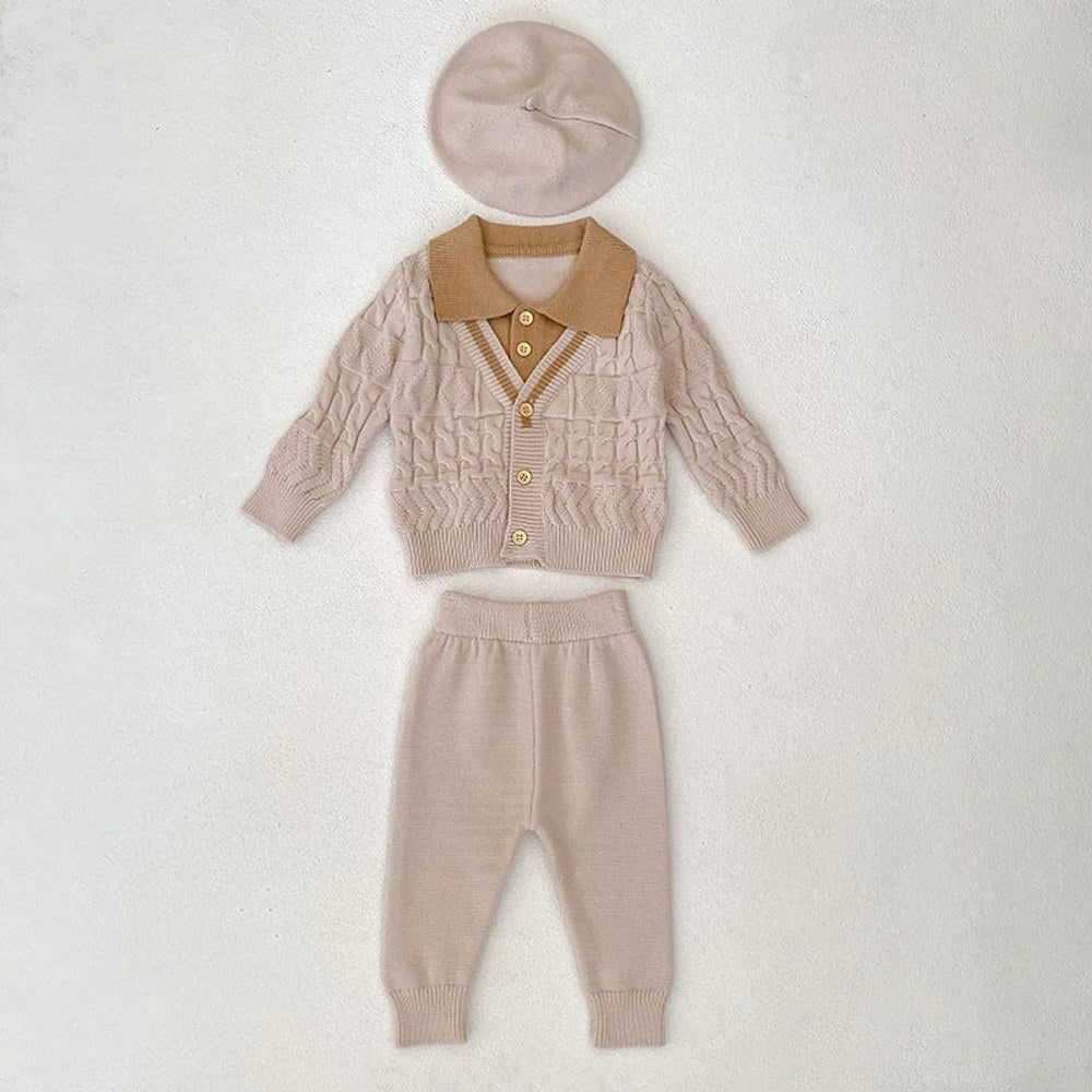 MyKids-USA® Baby Unisex Long Sleeves Geometric Pattern Knitted Top Cardigan and Long Trousers Clothing Set